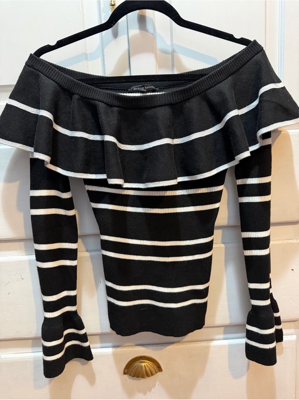 Jealous Tomato Ladies Striped Sweater Black/white Off The Shoulder Ruffle M